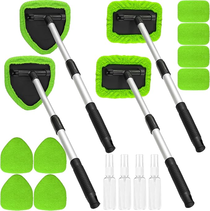 20 Pieces Windshield Cleaner Tool, Inside Car Windshield Cleaning Tool with 12 Microfiber Pads, 4 Spray Bottle, and Extendable Handles Car Window Cleaning Tool Kit, Green