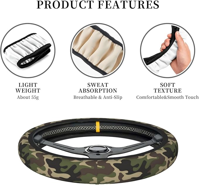 Green Camo Steering Wheel Cover Anti-Slip and Practical 14.5-15 Inch Universal Car Steering Wheel Cover with 2 Pieces Car Coasters Suitable for Men Women