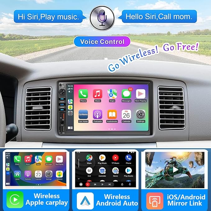 7 Inch Double Din Car Stereo for Wireless Carplay & Android Auto, Car Audio with 1024 * 600 HD Touch Screen ， Mirror Link, Bluetooth5.2,2USB/AUX/TF,AM/FM Radio