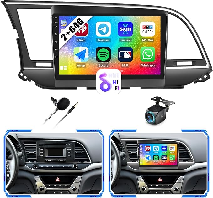 [2+64G] Android 15 Car Radio Stereo for Hyundai Elantra 2016-2018, 9 Inch Touch Screen IPS Car Radio with Wireless Carplay&Android Auto,GPS,WiFi,Bluetooth,FM/RDS,SWC, AUX-in,EQ,WiFi+Free Backup Camera