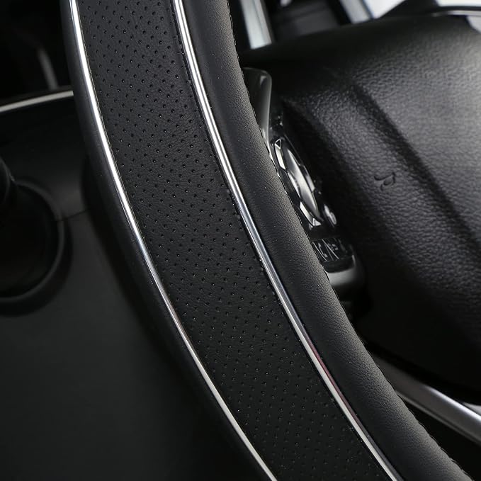 Black Leather Steering Wheel Cover Fiber Strip Car Steering Wheel Cover Universal 15 inch for Men