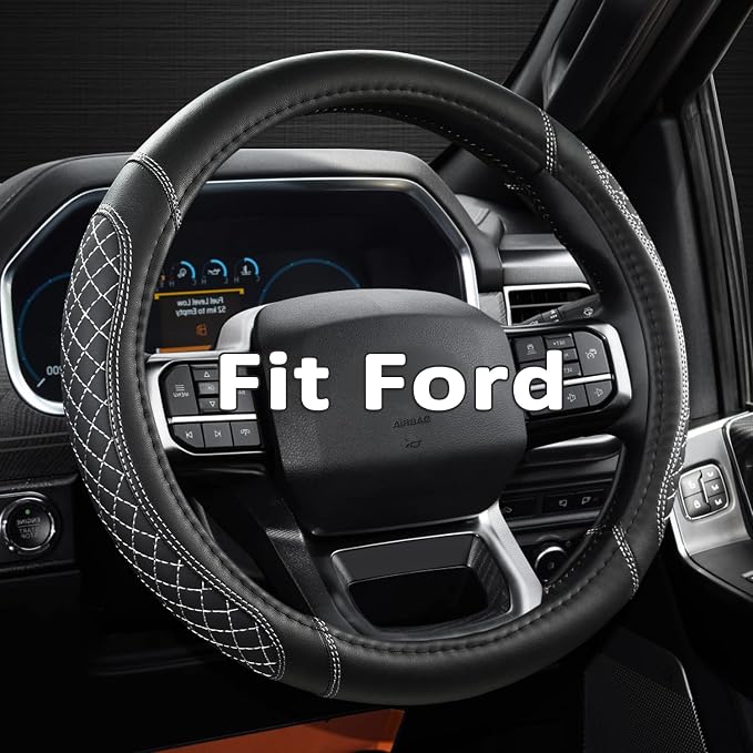 Customized Auto Car Steering Wheel Cover for Ford F-150, F-250, F-350, Expedition(Diamond Quilted - Black+Gray)