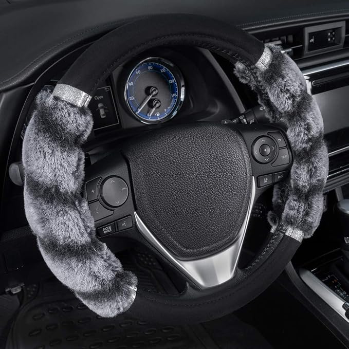 Bear Fur Plush Steering Wheel Cover - Cute Faux Wool Protector for Women Girls Fits Wheels 14.5-15 inch Two Tone Black/Gray - with Glitter