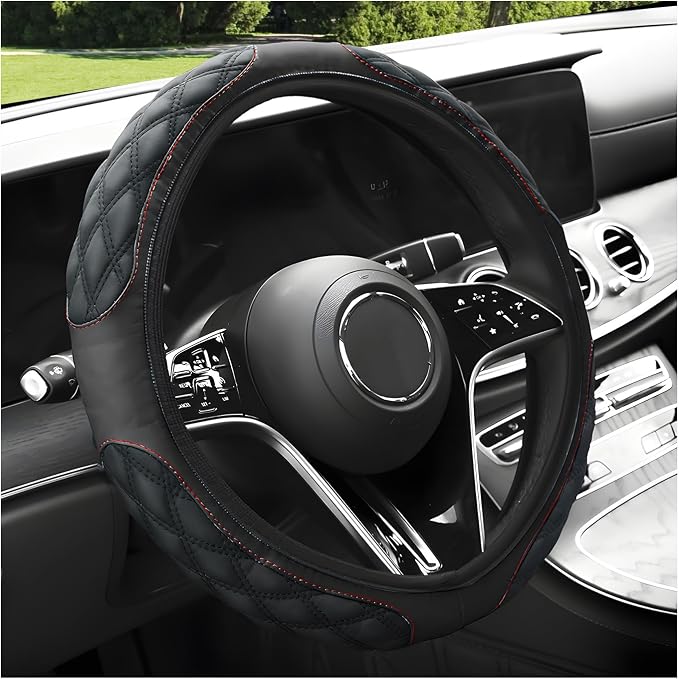 Car Steering Wheel Cover, 15 Inches Non-Slip Leather Steering Wheel Protector, Universal Soft Cover Mats for Car Truck SUV, Interior Car Accessories (Black)