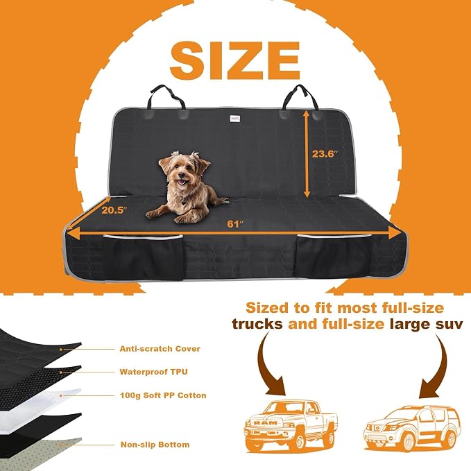 Dog Car Seat Cover for Back Seat,Washable Bench Seat Cover for Trucks,Nonslip Back seat Cover Protector for F150/Ram1500/GMC Sierra/Toyota/Chevrolet Silverado,Car Seat Covers for Dogs