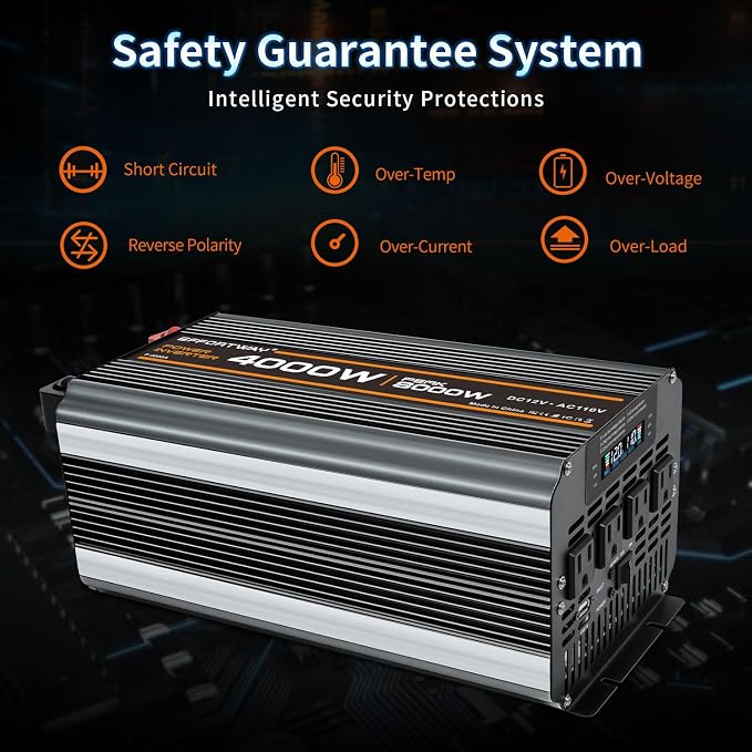 4000w Power Inverter DC 12V to AC 110V/120V Converter with 8000w Peak.Comes with LCD Display, Wireless Controller,4AC outlets 1USB.RV Inverter,Suitable for Camping,and Off-Grid Solar Inverter Systems