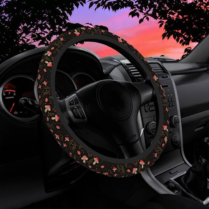 Vintage Mushroom Steering Wheel Cover for Women Men Neoprene Breathable Botanical Floral Wheel Cover Protector Anti-Slip Car Accessories Universal 15 Inch Fit for Cars Trucks Vehicles