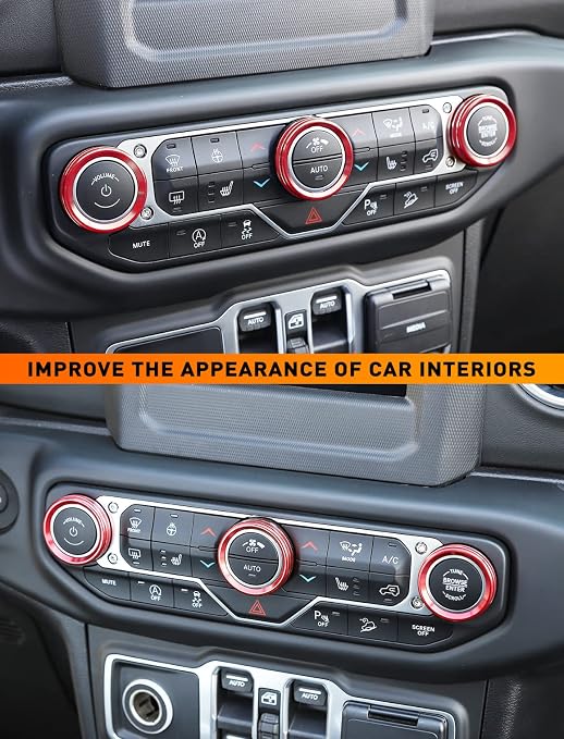 Climate Control Panel Knob Trim Kit & Light Control Switch Cover, Air Conditioner Knob Aluminum Alloy Ring for 2018-2024 Jeep Wrangler JL JLU & Gladiator JT, Interior Accessories, Red