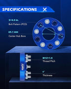 Hub Centric 5x114.3 Wheel Spacers, 1" Blue Wheel Spacers with M12x1.5 Studs Compatible with Honda Accord Honda Civic Honda CRV Acura RSX Acura TL, 64.1mm Bore Wheel Spacer Kit, 4pcs