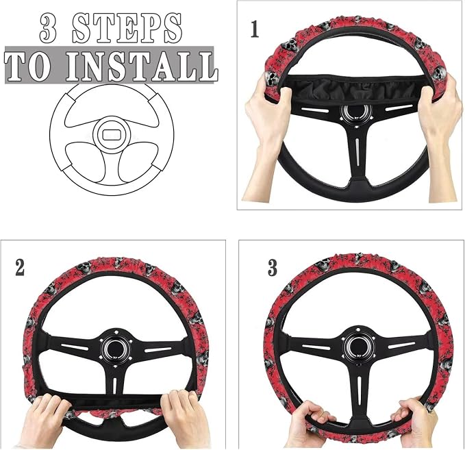Car Steering Wheel Covers Sweat Absorption Comfort Grip for Men | Skull Bat Red Print, Halloween Decor, Car SUV Sedans Interior Accessories, Steering Wheel Protection Sweat Absorption