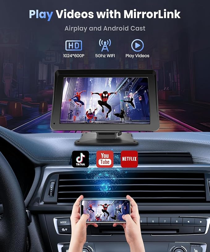 Portable Car Stereo Wireless Carplay Android Auto,7 Inch Touch Screen Car Radio with Bluetooth Hands-Free/Mirror Link/Maps Navigation/Voice Control/TF Card/AUX,for Cars, Trucks, SUVs