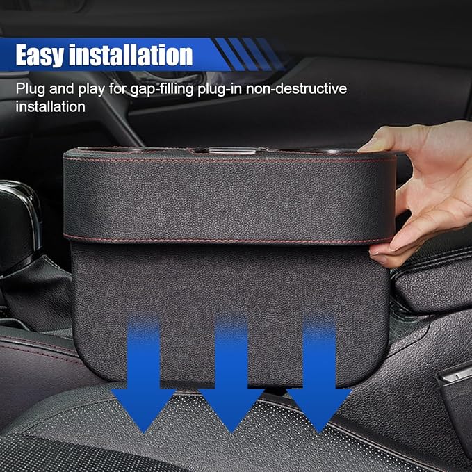 Car Cup Holder, PU Leather Cover Auto Front Seat Organizer, Black | Multifunctional Cup Drink Holder, Gap Filler Coin Bucket Storage Box, Console Side Pocket, Cell Mobile Phone Holder