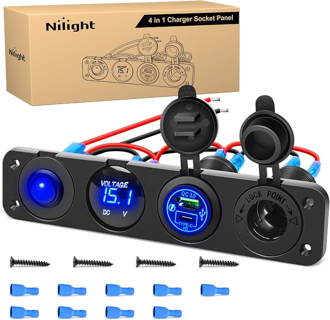 4 in 1 ON/Off Charger Socket Panel PD Type C and QC 3.0 USB Power Outlet LED Voltmeter Cigarette Lighter Rocker Toggle Switches for Truck Car Boats RV