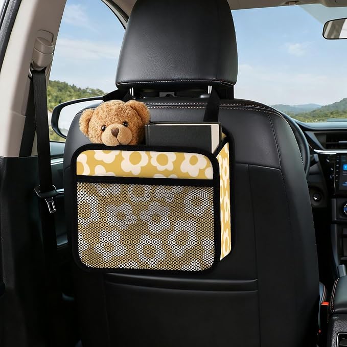 Car Backseat Organizer - Cute Aesthetic Car Storage Bin with Mesh Pocket & Reinforced Base - Universal Fit Hanging Seat Back Accessories for Women (Yellow)