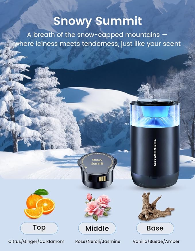 Smart Car Air Freshener Diffuser with Ambient Light, Oil Level Indicator, 2 Scent Refills, Auto On/Off, 4 Mist Modes, 1600 Sprays Rechargeable Aroma Diffuser for Car, Home, Office, Bedroom