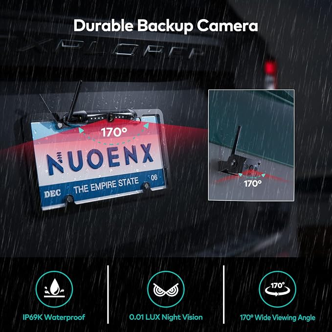Nuoenx Backup Camera for RV, Split Screen 5 Inch HD Monitor W/Wireless License Plate Backup Camera & Wireless Rear View Camera, IR Night Vision Waterproof For Trailer, 5th Wheel