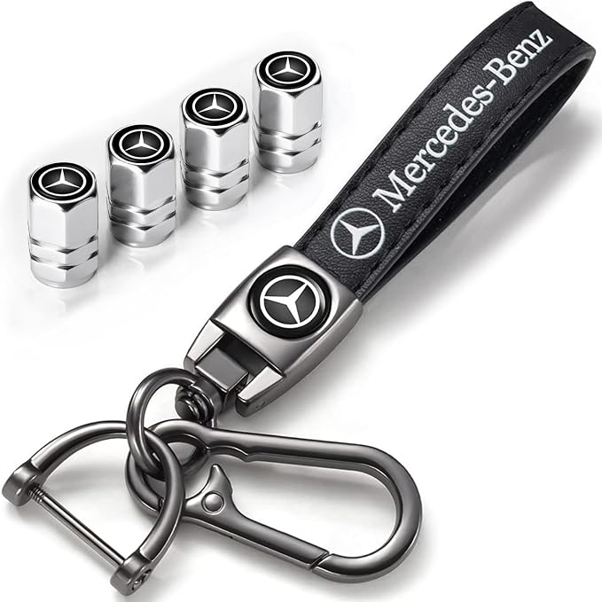 Car Tire Valve Stem Caps and Car Keychain Combo Compatible with Mercedes Benz C E S M Serie CLK GLK GL AB AMG GLS GLE AMG Keyring for Men and Women Family Present Car Accessories