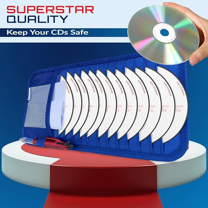 CD Case Holder for Car - Sun Visor Organizer for 12 CD’s/Dvd’s, 1 Mesh Pocket & 1 Horizontal Pen Holder - Safe, Ergonomic Design (Blue)