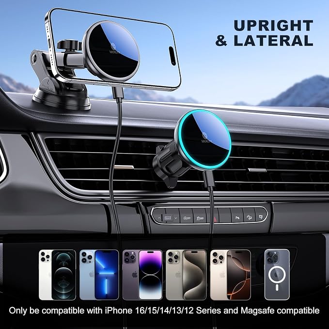 Only for iPhone Magsafe Car Mount Charger, Magnetic Phone Holder for Your Car Charger Dash Windshield Vent Magnetic Wireless Car Charger Mount for iPhone 17 16 15 14 13 12
