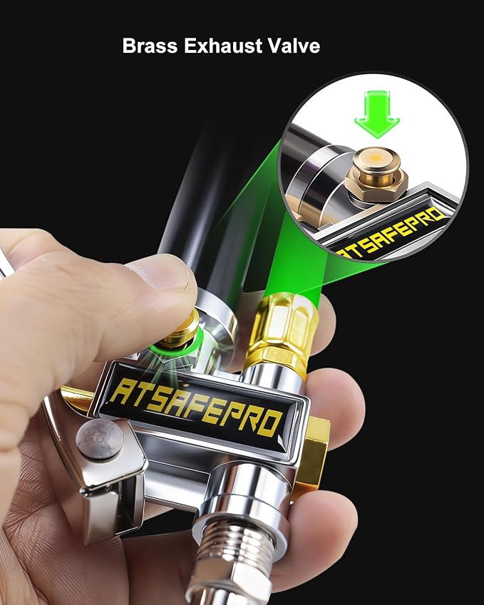 Tire Inflator with Gauge-10-120PSI, 3-in-1 Inflate, Deflate & Measure, Dual-Head & Lock-On Chuck, Tire Pressure Gauge with Rubber Hose, Compatible with 1/4" NPT Air Compressor