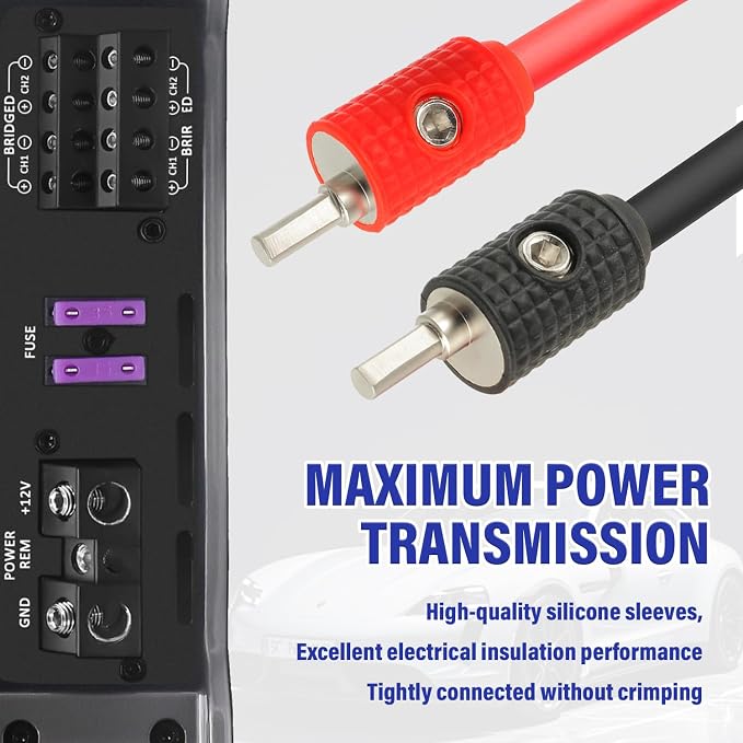 Amp Input Reducer 4 Gauge to 8 Gauge Reducer Car Stereo Power/Ground GA adapters with Red/Black Silicon Covers and Hex Tool for Car Audio Systems (Pack of 2)