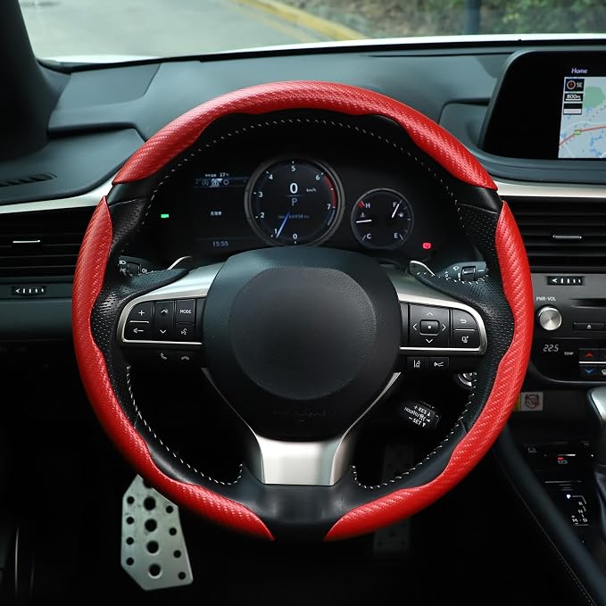 3pcs Carbon Fiber Anti-Skid Steering Wheel Cover, Waterproof & Segmented Butterfly Design, Universal 99% Vehicle Wheel Cover Protector, Car Interior Accessories (Red-3pcs)