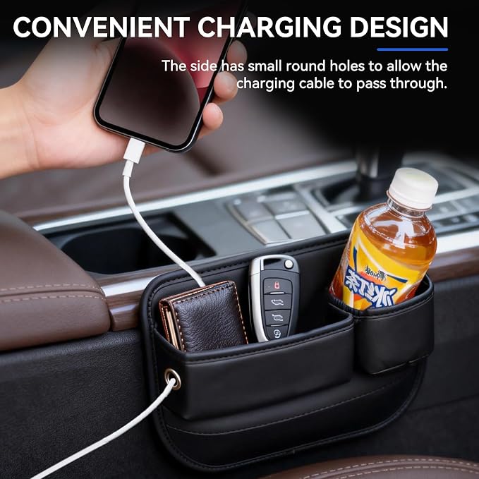 Car Seat Gap Filler Organizer, PU Leather Car Accessories Organizer, for Front Seat,Console Organizer for Phone, Keys and Small Items, It has a cup holder and a long storage slot. （Passenger side）