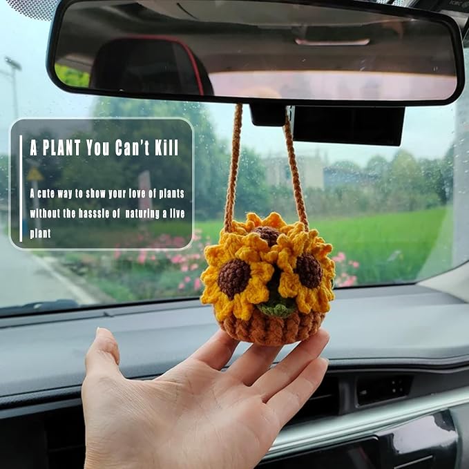 Cute Crochet Plant for Car Rear View Mirror,Boho Hanging Accessories Decor | Handmade for Women Girls,Green Interior Aesthetic Decor Truck Hanger Ornament Charm for Men(Sunflower)