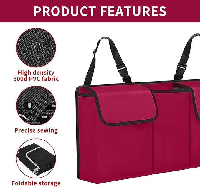 Car Trunk Organizer, Backseat Hanging Large Storage with Adjustable Straps,Waterproof PVC Collapsible Cargo Bag, Car Interior Accessories for Auto SUV MPV (Red)