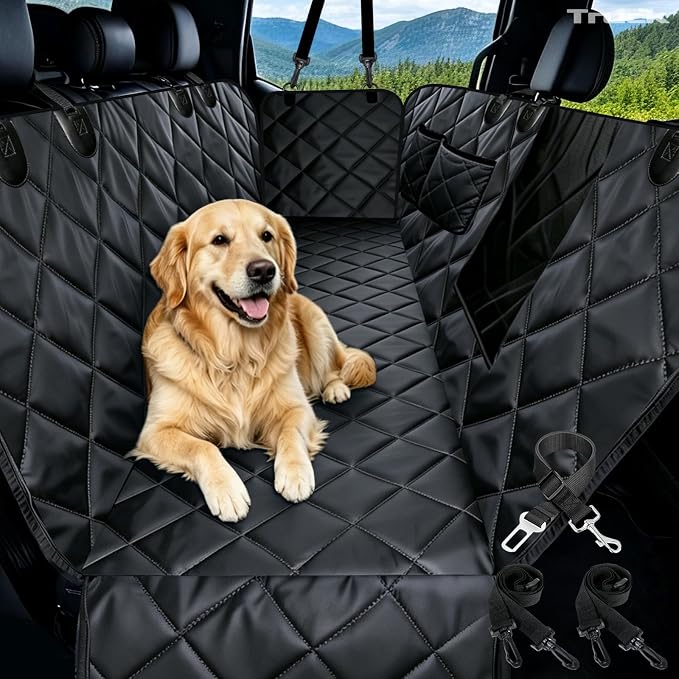 Truck Dog Seat Cover for Pickup Back Seat | Mesh Window & Seat Belt | 100% Waterproof Dog Hammock for Car Safe Travel with Side Door Protectors | Non-Slip, Scratchproof Pet Rear Seat Cover