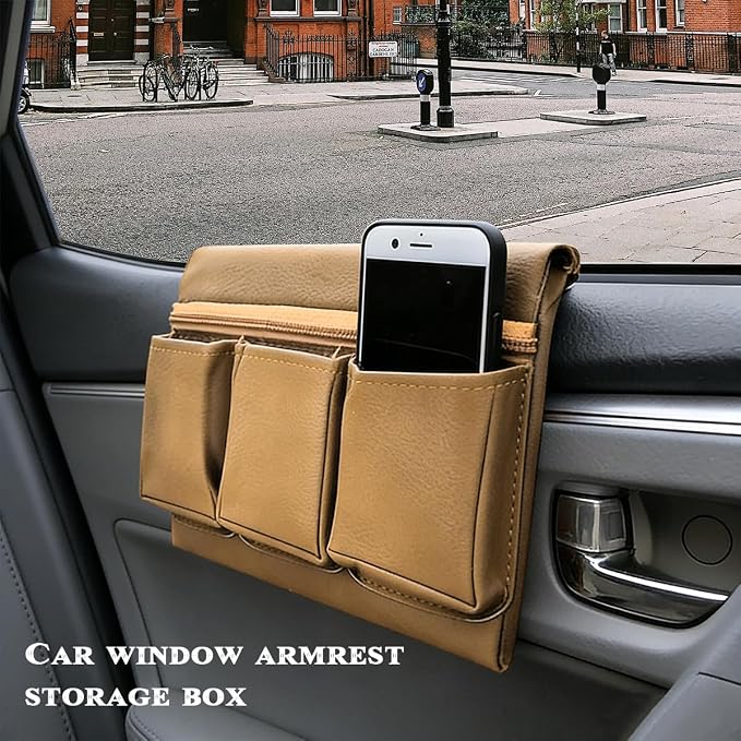 Car Window Armrest Storage Box, Leather Automotive Side Door Arm Rest Pad Organizer with Multiple Pocket, Multifunctional Vehicle Armrest Elbow Pad Storage Bag, Universal Fit (Beige)