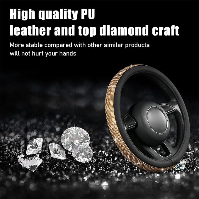 Steering Wheel Cover, Bling Crystal Rhinestones Auto Wheel Protector, Sparkly Cover Universal Fit Diverse 14.5-15 inch Steering Wheel, Interior Decor Car Accessories (Golden)