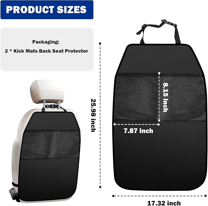 2PCS Back Seat Cover for Kids,Anti-Slip Design Kick Mats Back Seats Protector with 2 Storage Mesh Pockets for Cars,Easy-to-Clean Backs of Seats Protector for Kids Feet Car Seat