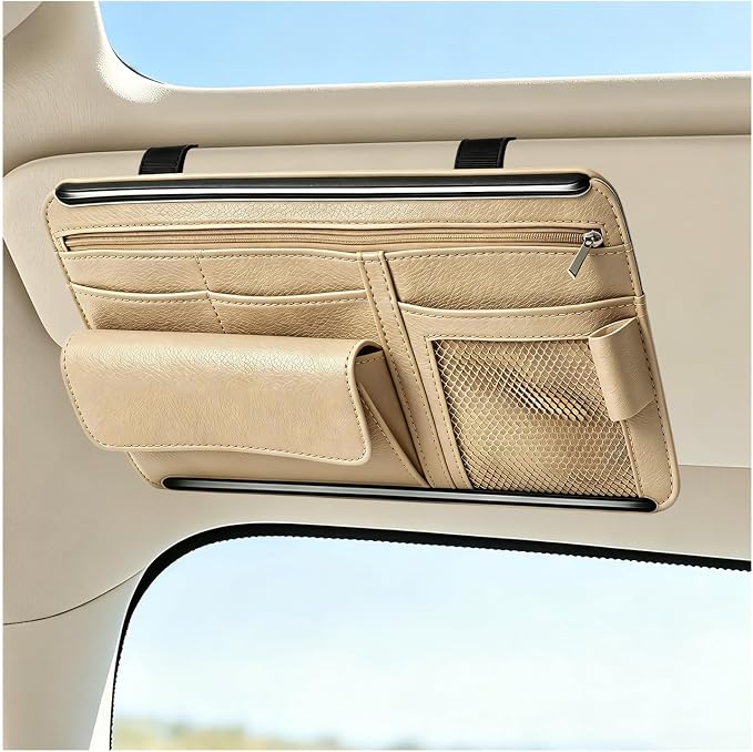 Car Sun Visor Organizer, Scratch-Resistant Auto Visor Glasses Storage Bag with Multi-Pocket Net Zipper, Waterproof Leather Sunshade Organizer Card Holder for Most Vehicles (Beige)