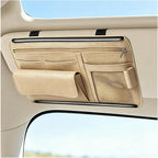 Car Sun Visor Organizer, Scratch-Resistant Auto Visor Glasses Storage Bag with Multi-Pocket Net Zipper, Waterproof Leather Sunshade Organizer Card Holder for Most Vehicles (Beige)