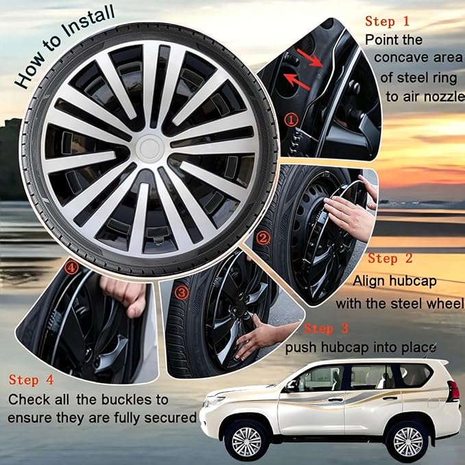 Hubcap Wheel Cover Replacement R16 Hub Caps Universal Wheel Rim Cover ABS Material Exterior Accessories Snap On Car Truck SUV -Set of 4 (16-Inch, Silver-Black)