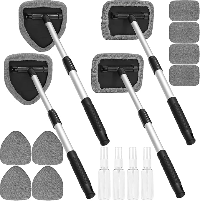 20 Pieces Windshield Cleaner Tool, Inside Car Windshield Cleaning Tool with 12 Microfiber Pads, 4 Spray Bottle, and Extendable Handles Car Window Cleaning Tool Kit, Gray