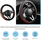 Car Steering Wheel Cover, 15 Inch Anti-Slip Stretch Leather Steering Wheel Protector, Comfortable Breathable Sporty Steering Wheel Cover for Women Men, Car Accessories (Black & Khaki, AD)