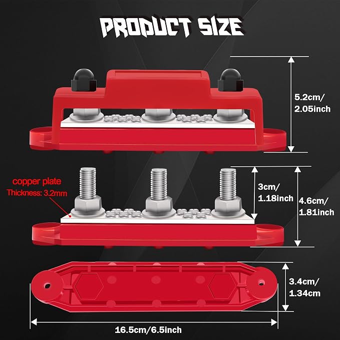 250A Bus Bar 12V Marine 5/16" Power Distribution Block Automotive Busbar Terminal Block,Battery Buss Bar (Pair, Red & Black) 3 x 5/16" Post 10 x #8 Screws Terminals