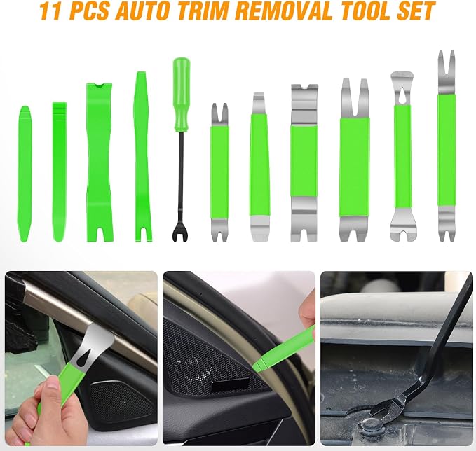 11 PCS Trim Removal Tool Kit, Metal Pry Tool Auto Fastener Remover Pry Bar Set Car Door Panel Removal Tool Dashboard Repair Kit Green