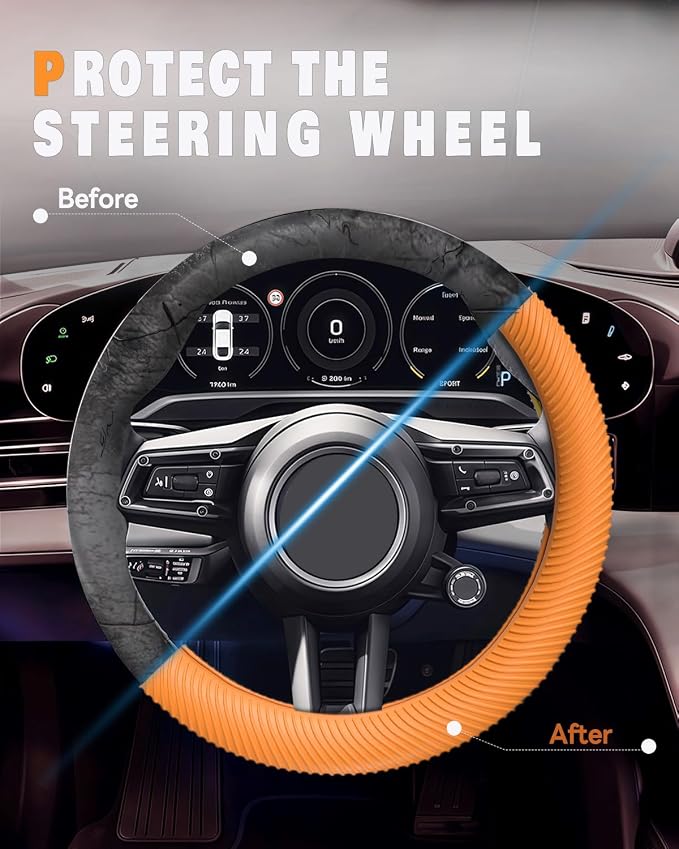 Car Steering Wheel Cover, Thin Anti-Skid Silicone Steering Wheel Cover for Men & Women, Universal Automotive Interior Accessories for Most Cars (Dark Orange)