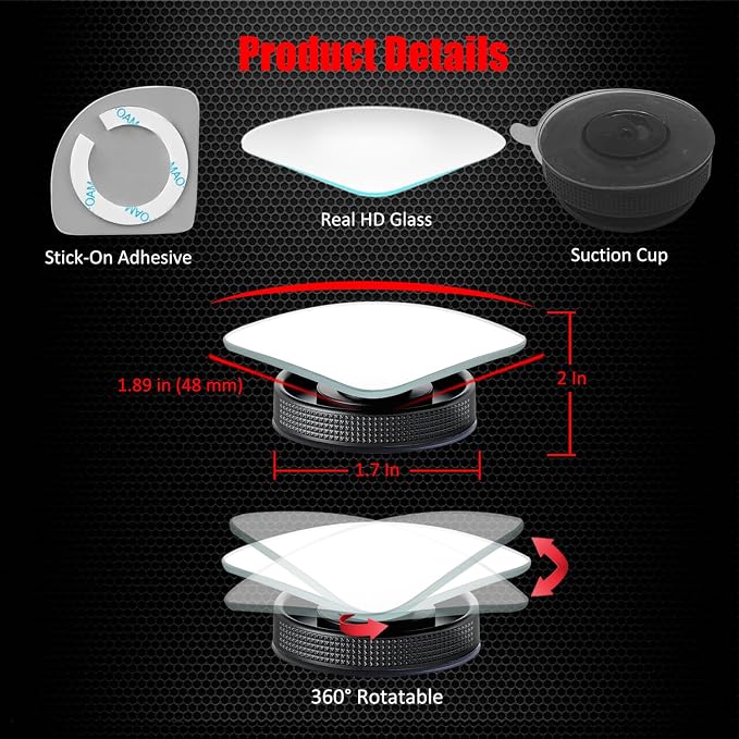 Suction Cup Blind Spot Mirror, HD Glass Frameless Removable Convex Wide Angle Rear View Mirror (Fan Shape, Pack of 2)