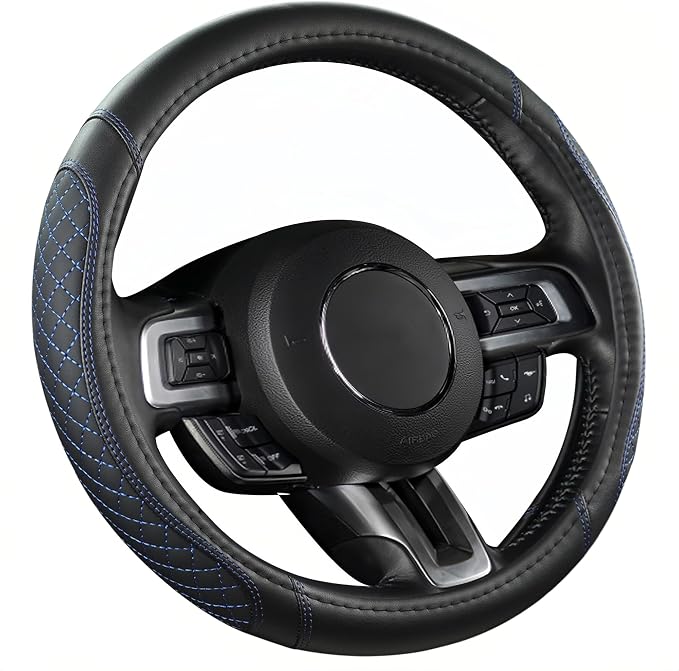 Car Steering Wheel Cover for Ford Escape,Explorer,Fusion,Focus,Bronco,Transit,Edge(Diamond Quilted - Black+Blue- Standard Size)
