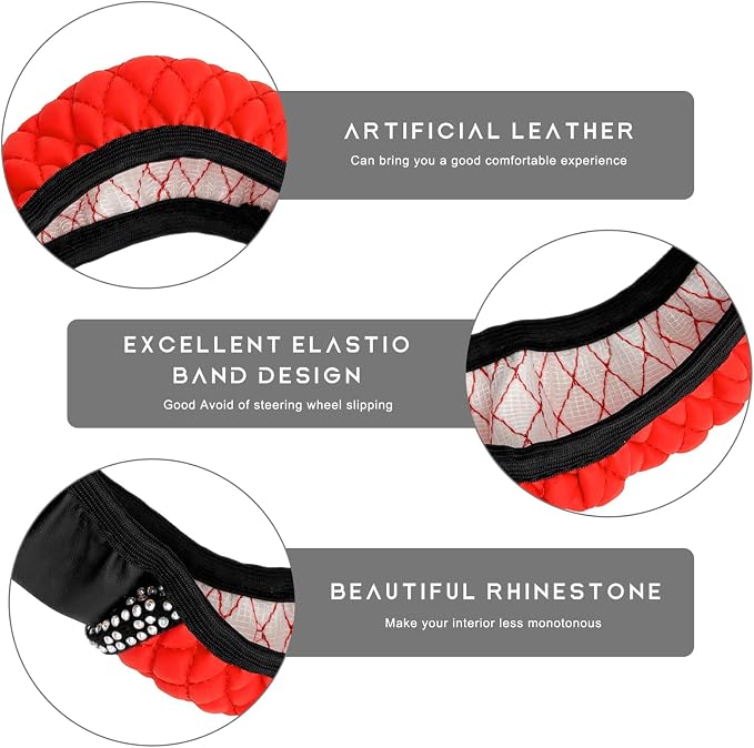 Bling Car Steering Wheel Cover, 15 Inch Sparkly Rhinestone Soft Leather Steering Wheel Protector, Non-Slip Universal Auto Elastic Steering Wheel Covers for Women Girls (Red)