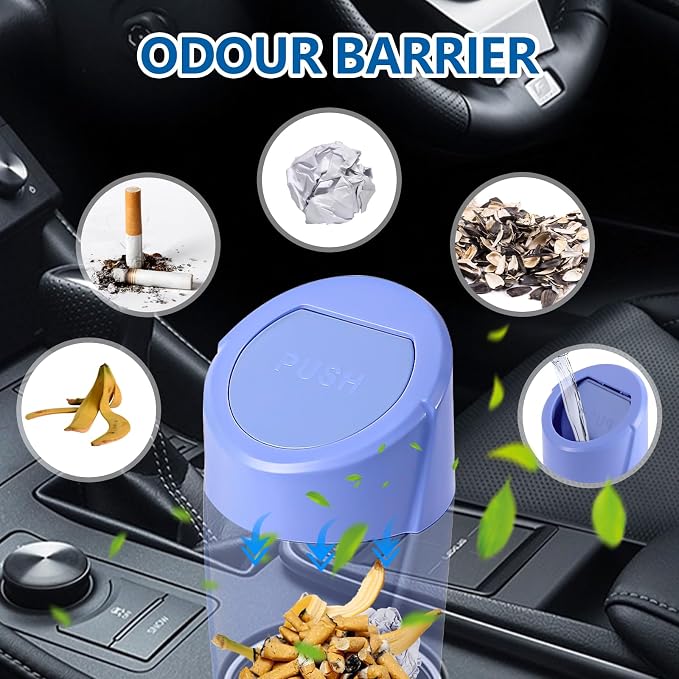 Mini Car Trash Can with Lid, Portable Garbage Can for Car, Leakproof Cup Holder Automotive Garbage Bin with 2 Rolls of Trash Bags, Small Trash Storage Can for Car Home Office(Dark Blue)