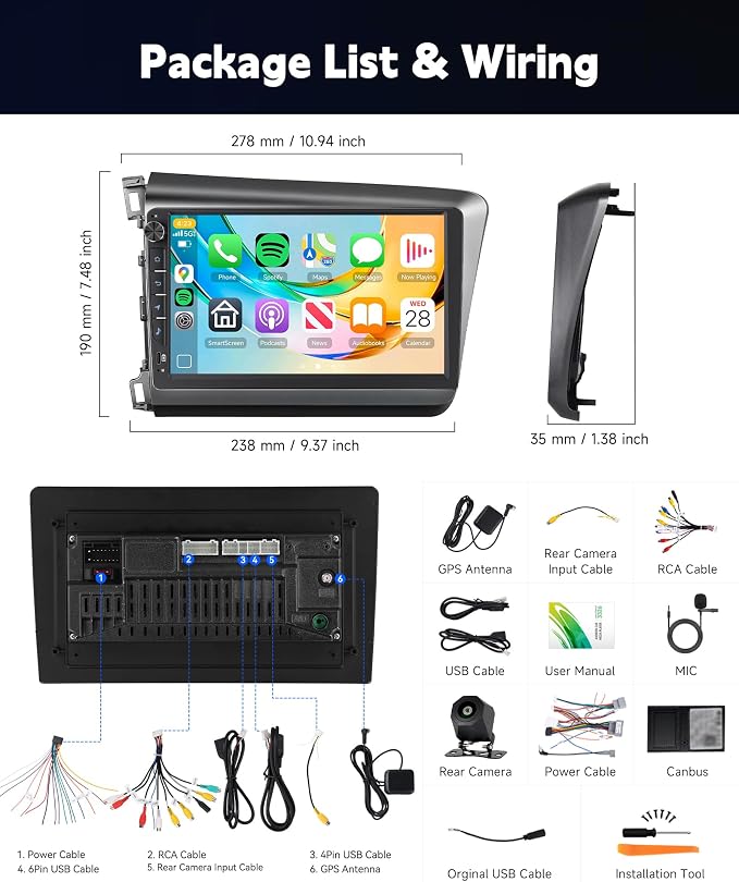Car Stereo for Honda Civic 2012 2013 2014 2015 [4+64G] with Wireless Carplay & Android Auto, 9 Inch Touch Screen Car Radio for Civic Bluetooth GPS Navigation DSP WiFi FM SWC for Honda Civic Radio