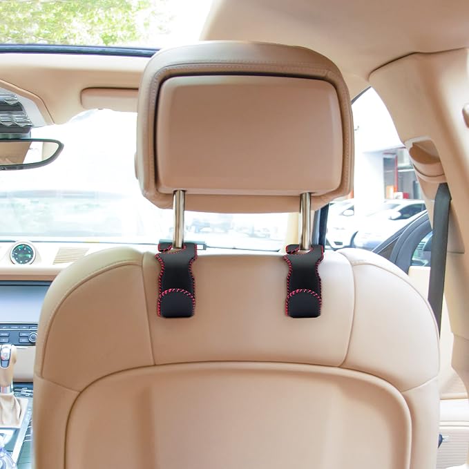 Purse Hook for Car Headrest, Leather Back Seat Organizer Hanger Holder Hook for Hanging Purses and Bags and Coats, 2Pack Black&Red