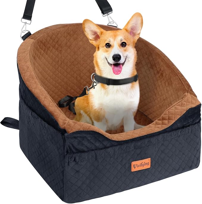 Dog Car Seat for Small & Medium Dogs, Detachable & Washable Booster Seat for Pets Up to 30lbs, Travel Bed with Storage Pockets and Safety Belt – Brown&Black