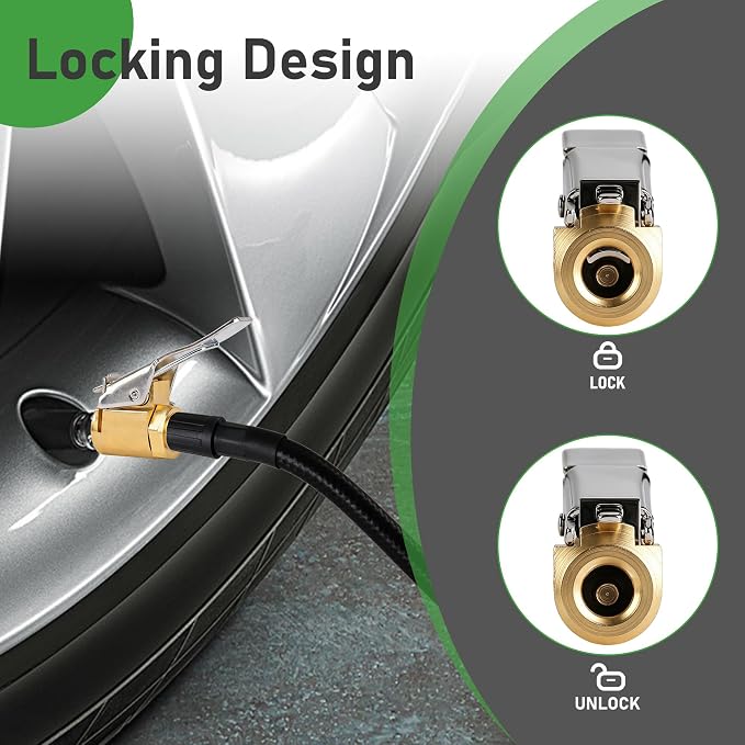 4Pack Brass Locking Air Chuck for Tire Valves – No-Leakage Tire Inflator Adapter with Secure Locking Clip, Universal Air Compressor Attachment for Cars, Trucks, SUVs, Bicycles & Motorcycles | Leak-Proof