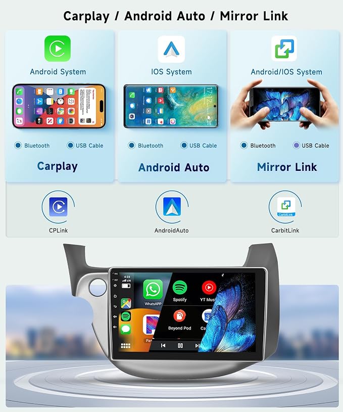 8 CORE 6G+128G Car Radio for Honda Fit 2008-2013 with Wireless CarPlay/Android Auto, 10.1” 1280 * 720P IPS Touch Screen Stereo Android 13 GPS WiFi Bluetooth DSP SWC + HD Backup Camera